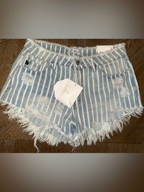 New W/Tag Kancan Large High Rise Shorts Women Denim Jean White Stripe Distressed